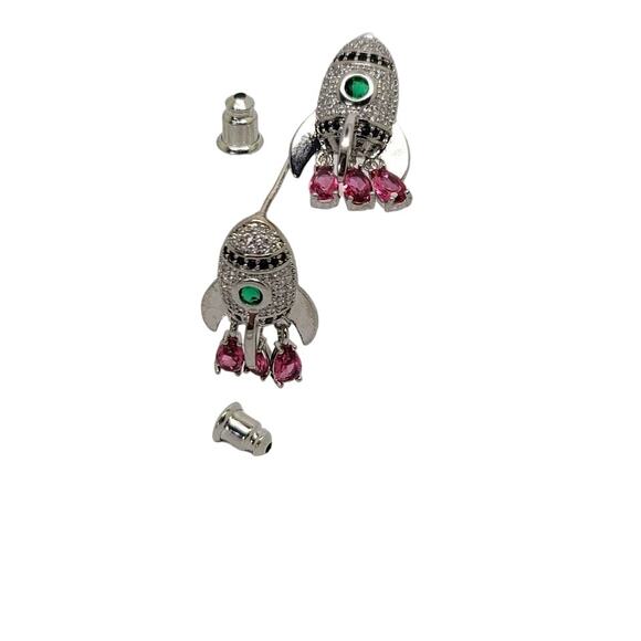 Cubic Zirconia Multicolor Retro Rocket Ship Stud Earrings - Picture 6 of 8